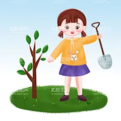 植树节   - 源文件下载【酷图网】植树节,手绘,卡通女孩,铁锨,种树