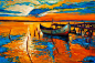 帆船-游艇-船-黄红乌云-落日过海-印象派海景原版英帕斯托油画-现代风格-用调色刀在拉伸的画布上制作-表现主义，艺术油画，水彩画，抽象画，Macdown图片素材，创意图片