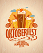 Oktoberfest poster with beer glasses on a retro style wooden backdrop. - 43496984