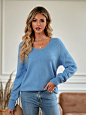 V-Neck Long Sleeve Ribbed Trim Sweater – Bluerazberi