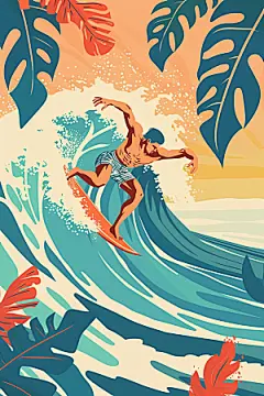 扁平风冲浪手绘夏季插画