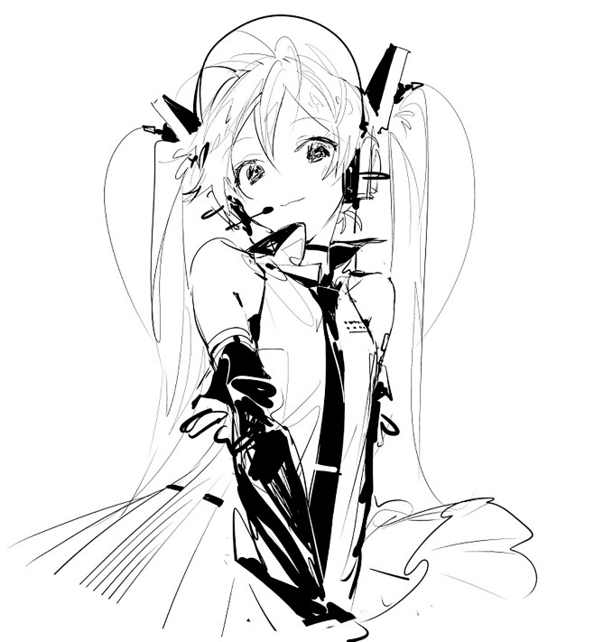 miku 黑白 线稿