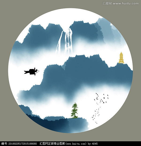 圆形小品水墨画山水
