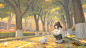 Anime 1919x1080 Hua Ming wink original characters cats trees fallen leaves schoolgirl black hair anime girls anime women outdoors squatting school road closed eyes ponytail pointy ears