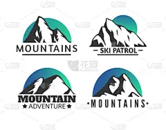 手绘山标志设置。滑雪度假村矢量图标，山的剪影元素。平顺性和单板滑雪符号孤立，旅行标签