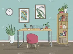 室内,矢量,草图,彩色图片,绘画插图,插画,书房,办公椅,空的,花盆