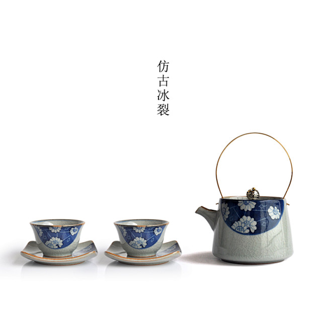 景德镇手绘哥窑仿古金缮提梁壶功夫泡茶壶青...