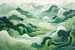 中式青山山川河流绿水创意插画