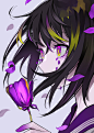Anime 1062x1500 anime girls original characters dark hair purple eyes flowers petals crying profile hair in face white background simple background artwork digital art illustration drawing 2D portrait display LAM anime
