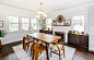 Example of a mid-sized transitional dark wood floor and brown floor kitchen/dining room combo design in DC Metro with gray walls and a standard fireplace