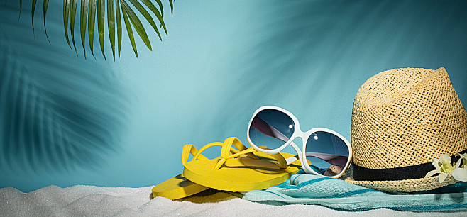 小清新,拖鞋,沙滩鞋,墨镜,太阳帽,阳光...