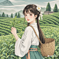 高山茶园风景，少女背着背篓采茶，手上拿一根茶叶，眼睛有神，有亮光，改良汉服，新工笔，工笔插画，高清，版画风格 (2)