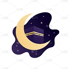 伊斯兰教的朝觐观念。矢量平面插图。克尔白圣地和金色新月在夜空的背景。设计元素的旗帜，海报，剪辑艺术，