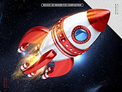 White and red realistic 3D rocket flying overhead