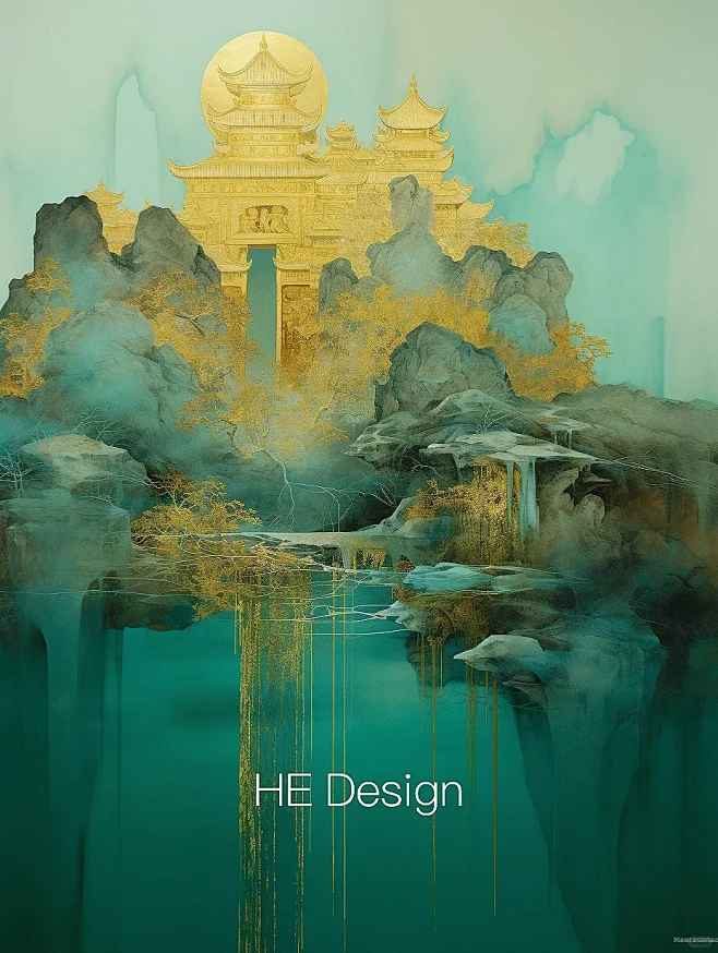 Midjourney 插画·墨绿点金｜国...