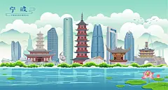 宁波地标建筑国潮插画