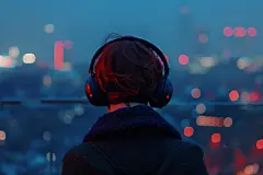 听音乐的活力年轻人背影