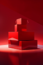 three open red gift boxes on a table on a red background, in the style of conceptual installation art, light-filled compositions, chromatic sculptural slabs, presentation of human form, flattering lighting, high-keyed palette, photo-realistic compositions