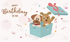 生日主题客厅可爱的性格小狗坐在礼物盒扁平化矢量风格。