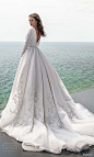 perfioni 2021 bridal long sleeves plunging v neckline clean bodice embellished skirt a line ball gown wedding dress chapel train v back (13) bv