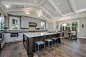 Eat-in kitchen - large cottage l-shaped light wood floor and beige floor eat-in kitchen idea in San Francisco with an undermount sink, shaker cabinets, gray cabinets, multicolored backsplash, stainless steel appliances, an island, quartzite countertops an