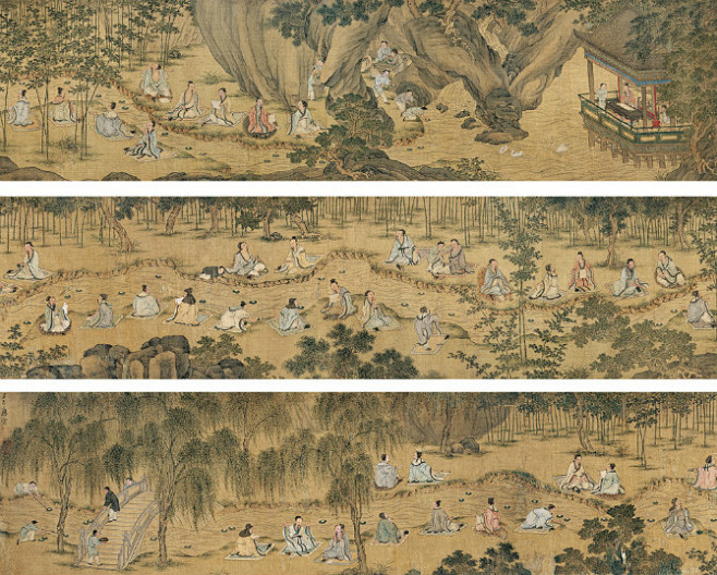 明四家书画精品大全唐寅款兰亭雅聚图卷手卷曲水流觞大型