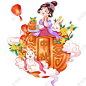 中秋节八月十五嫦娥玉兔观灯赏月吃月饼插画
