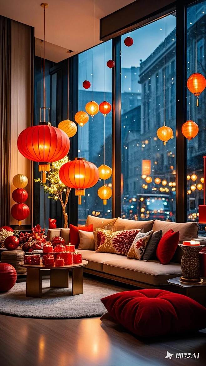 室内是具有喜庆热闹氛围的现代家庭场景，室内的灯光明亮，清新自然，光线充足，右边是窗户，窗户外面是街道张灯结彩的场景，不要出现人物，宽画幅，一点 ...
