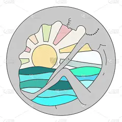 矢量彩色图形插图手绘抽象迷幻的女人在圆形框架与太阳和大海。