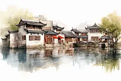 彩绘水墨风徽派建筑江南水乡插画图片