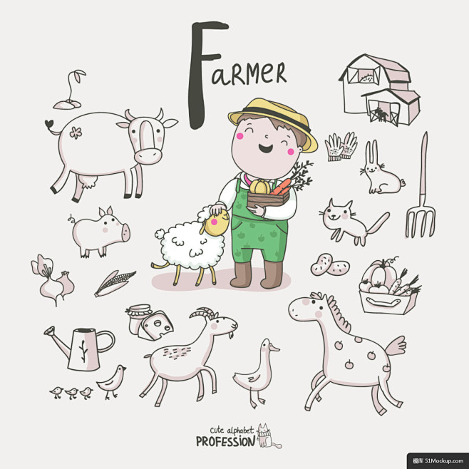 农场农夫 动物 卡通人物 人物 插图