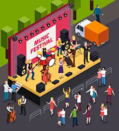 音乐节市集演唱会舞台乐队演出现场观众人物场景插画ai设计素材-淘宝网