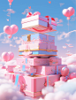 The box is in the sky with balloons and pink sky, in the style of voxel art, rococo pastel hues, realistic and hyper-detailed renderings, chinapunk, nintencore, kodak ektar, high-angle