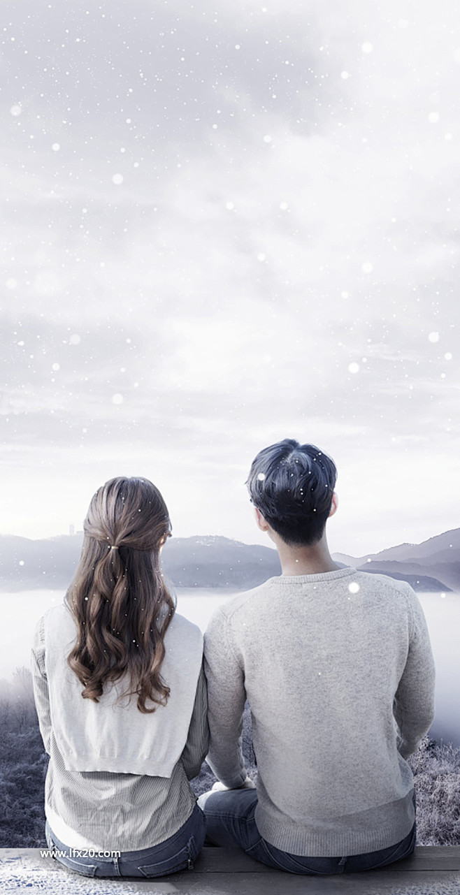 冬季雪景情侣女孩雪花海报psd素材