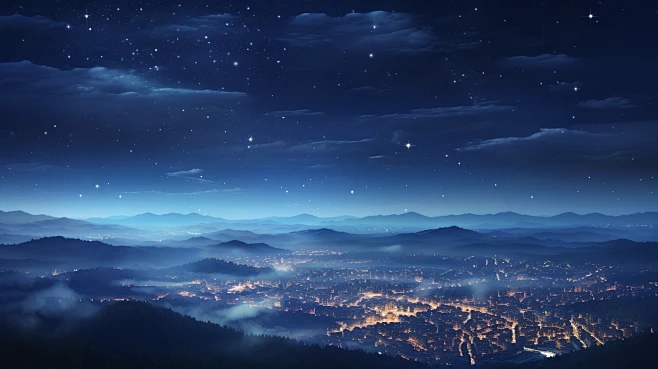 从山顶上的月光和星空看城市浪漫的优美风景背景 夜晚 夜空 星空 地平线 超广角 浪漫 二次元场景图片_C-场景-写实仙侠图片素材-花瓣网