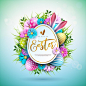 Vector illustration of happy easter holiday with painted eggrabbit ears and spring flower