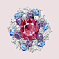 红色尖晶石配彩色蓝宝石和钻石戒指立体手稿