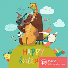 卡通动物音乐会生日贺卡矢量设计素材  - PS饭团网psefan.com