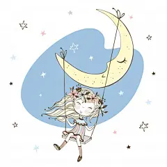 在月亮下荡秋千的小女孩，手绘小清新T恤印花插画矢量图设计素材
