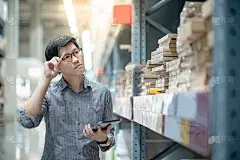 年轻的亚洲工人正在用数码板和笔清点仓库货架上的纸箱里的产品。实物盘点概念