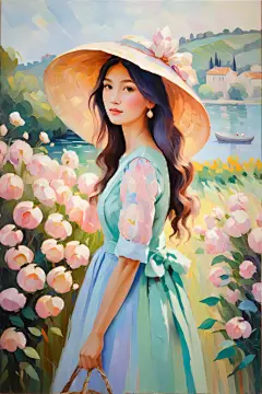 公园艺术田园女人油画图片插画