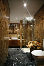 卫生间的设计师一幅富丽堂皇的设计，高档的大理石墙面和黑色的地面，整体奢华、大气。