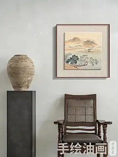 远山近水风景纯手绘油画新中式客厅装饰画水墨办公室玄关餐厅挂画-淘宝网