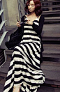 2014夏装新款 韩版 黑白条纹 宽松 连衣裙波西米亚沙滩吊带长裙