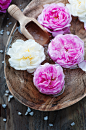 Concept of spa treatment with roses and salt : Concept of spa treatment with roses and salt, selective focus