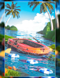 3D立体夏日夏天水上船只泳圈创意电商促销场景