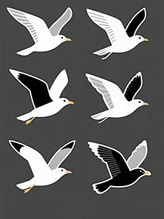 白色背景上，6个不同样式、不同风格、不同材质的海鸥以整齐的排列方式呈现，它们具有简约的线条、平面化的设计风格，主要由白色和黑色组成，姿态优美地展翅飞翔，整体画面简洁干净，富有设计感。