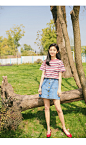 章若楠ins条纹短袖T恤女春夏2019新款韩版学生超火的宽松上衣半袖 红色 S【图片 价格 品牌 报价】-京东
