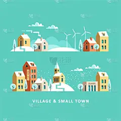 村庄。小镇。农村和城市的冬季景观。矢量平面插画.