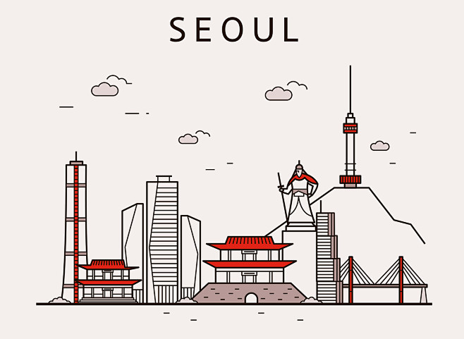韩国首尔 手绘建筑 现代建筑 建筑插图插...